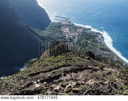 Aerial View Of Village Resort Vueltas With Port, Seen From Top Of La Merica Mountain Cliffs, Camino 