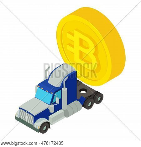 Bytecoin Cryptocurrency Icon Isometric Vector. Big Gold Bytecoin Coin And Truck. Digital Money, Cryp