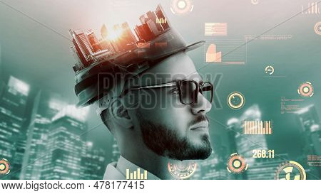 Future Building Construction And Inventive Engineering Project Concept With Hud Hologram Graphic Des