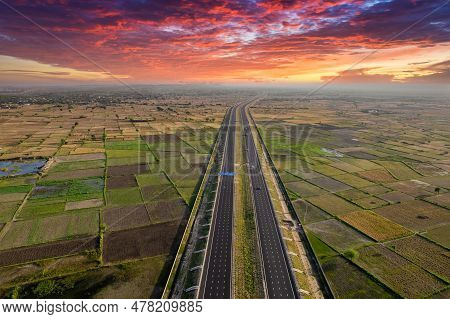 Orbit Aerial Drone Shot Of New Delhi Mumbai Jaipur Express Elevated Highway Showing Six Lane Road Wi
