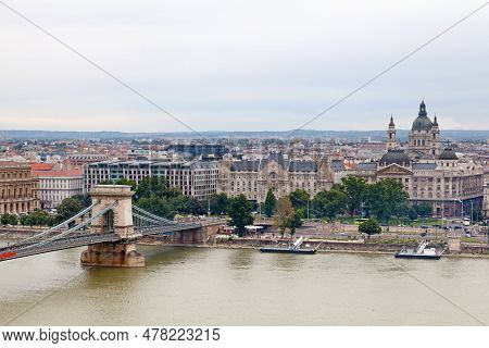 Budapest, Hungary - June 22 2018: View Of The Széchenyi Chain Bridge, The Gresham Palace And The St.
