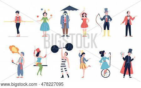 Circus Artist Flat Characters. Acrobat And Clown, Magic Carnival Performer. Juggler, Meme On Street 