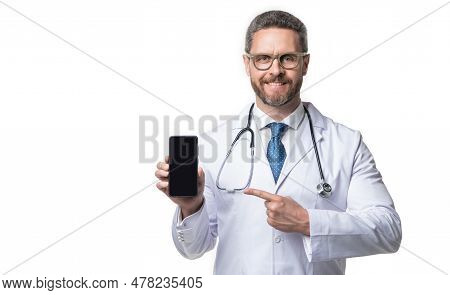 Medical Man Point Finger Telehealth In Studio. Medical Man Show Telehealth On Background.