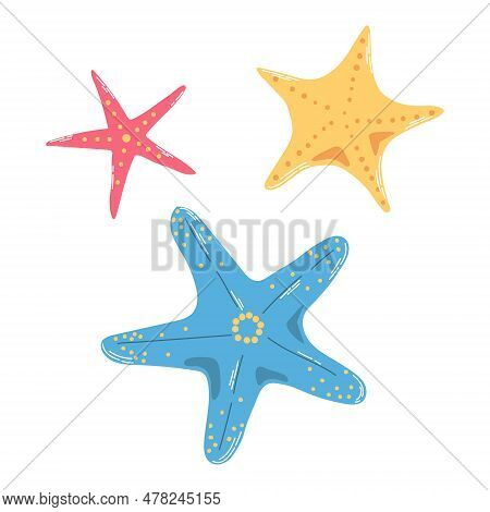 Isolated Red Blue Yellow Starfishes In Flat Hand Drawn Vector Style On White Background. Marine Life