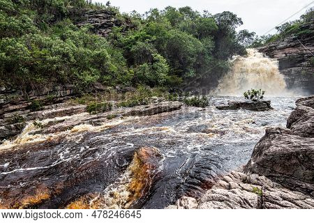 View Of The River Mucugezinho With Running Water, Forming A Waterfall And Poco Do Pato, In Chapada D