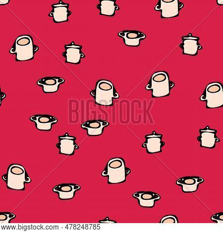 Doodle Cooking Pots Seamless Vector Pattern On Red