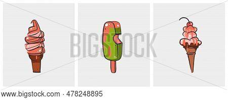 Hand Drawn Vector Abstract Cartoon Ice Creram Cone , Sundae Line Art Illustration Set .ice Cream Des