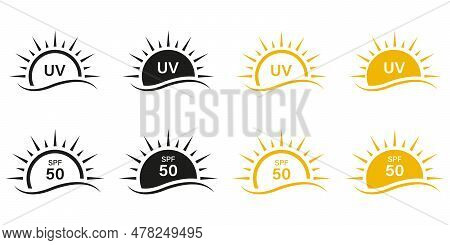 Uv Skin Protection Pictogram Set. Sunblock Cream Labels. Anti Ultraviolet Rays, Block Solar Radiatio