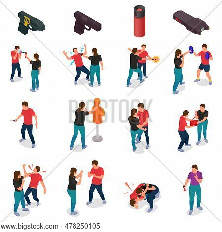 Self Defence Isometric Icons Set With Women Protecting Themselves From Muggers And Hooligans Isolate