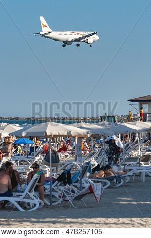 Larnaca, Cyprus - July 17, 2022: Airbus A320-214 Of Tus Air Airlines Landing Over Mackenzie Beach