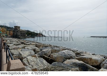 Panoramic View Of Rapallo City On The Tigullio Gulf . Liguria, Italy