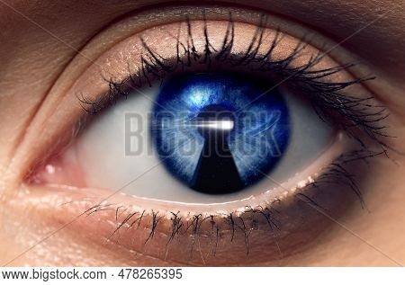 Paranormality, Supernatural Or Mental Disorders Concepts. Woman With Weird Eye, Closeup. Light Glowi