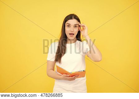 Portrait Of Student Woman. College Or High School Ducation. Serious Young Woman With Notebooks At Ca