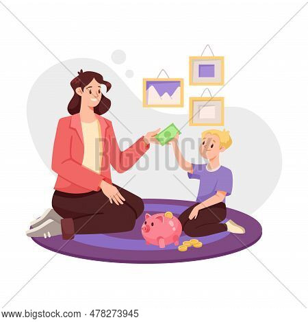Financial Literacy With Mom And Boy Saving Money In Piggy Bank Vector Illustration