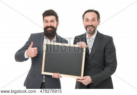Promote Product And Service. Happy Men Recommend Product Isolated On White. Businessmen Hold Blackbo