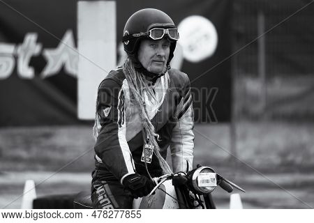 Finowfurt, Germany - May 06, 2023: Portrait Of Motorcyclist On The Pitlane. Black And White. Race Fe