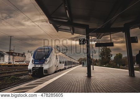 Cologne, Germany - November 6, 2022: Platform Of Koln West Bahnhof With Passengers By An S-bahn Trai