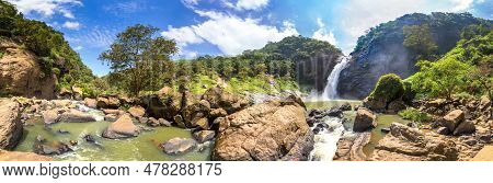 Panorama Of  Dunhinda Waterfall In A Sunny Day In Sri Lanka