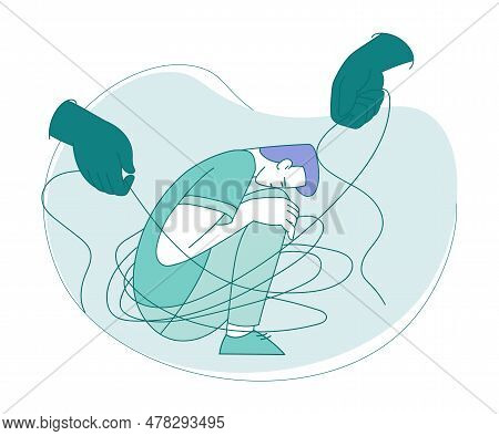 Young Man Suffering From Fear With Dark Arms Tie Rope Around Him Vector Illustration