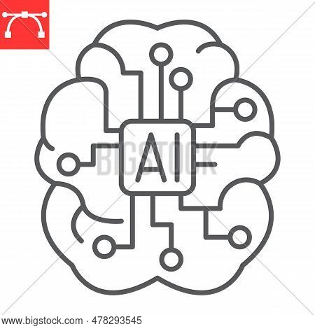 Ai Brain Line Icon, Technology And Artificial Intelligence, Human Brain With Microchip Vector Icon, 