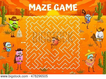 Western Labyrinth Maze With Cartoon Vitamin Cowboy, Sheriff, Ranger And Bandits Characters. Kids Vec