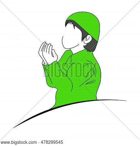 Praying Hands. Line Art Illustration Of Muslim Man Praying. Vector Drawing Icon.