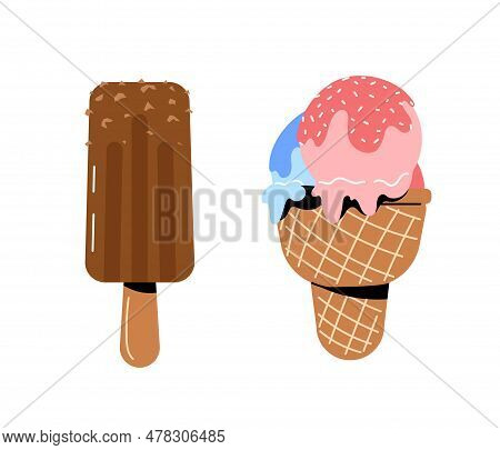 Set Of Ice Creams Sticker. Frozen Dessert And Delicacy, Gourmet. Waffer Cone With Balls. Poster Or B