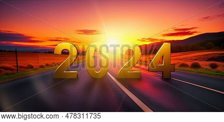 2024 Written On Asphalt Road At Sunset. New Year 2024 Or Straight Forward Concept. Concept Of Planni