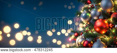 Christmas Tree With Baubles And Blurred Shiny Lights. Happy New Year. Winter Holiday Tree Light. Chr