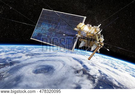 Modern Meteorological Space Satellite Monitoring Earth From Orbit. 3d Rendering Background
