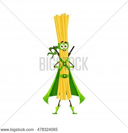 Cartoon Superhero Pasta Character, Bucatini In Super Hero Costume, Vector Warrior. Kids Funny Charac