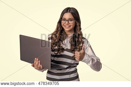 Teen School Girl Estudy Isolated On White, Thumb Up. Teen School Girl Estudy In Studio.