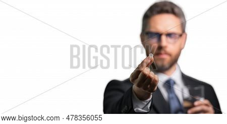 Millennial Businessman Having Headache. Business Man In Suit Suffer From Migraine Or Headache. Tired