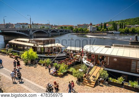 Prague, Bohemia - Cz - June 4, 2023 Landscape View Of Botel Matylda, The Floating Two Boat Hotel Is 
