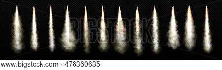 Rocket Launch Smoke Trail With Fire Flame Vector. Isolated Realistic Jet Takeoff Explosion Speed Eff