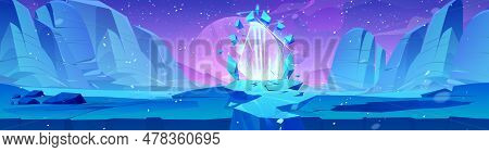 Fantasy Ice Space Background With Magic Portal In Winter. Frozen Snow Gate For Travel To Parallel Di