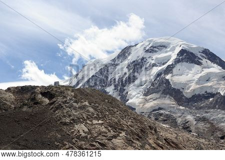 Mountain Hut Monte Rosa Hut And Mountain Lyskamm In Mountain Massif Monte Rosa In Pennine Alps, Swit