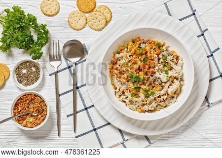 Chicken Rice Casserole D Iberville Topped With French Fried Onion And Crumbled Crackers In Bowl On W