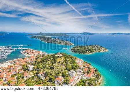 Aerial View Of The Old Town Of Tribunj And Islands In Dalmatia, Croatia
