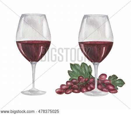 Watercolor Illustration Of Hand Painted Glass On Long Stalk With Maroon Wine And Grapes. Isolated Cl