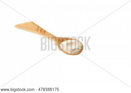 Xanthan Gum Powder In Spoon On White Background, Close-up, Selective Focus. Food Additive E415. Xant