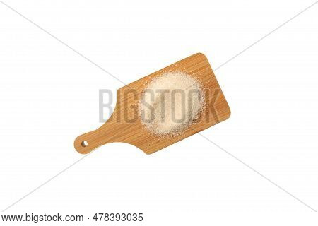 Gelatin Granulated Or Gelatine Powder On Wooden Cutting Board Isolated On White Background. Gelling 