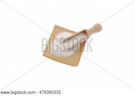 Xylitol Powder Or Birch Sugar In Wooden Scoop. Food Additive E967, Sweetener. Xylitol Is Used As Sug