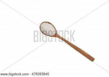 Sodium Benzoate In Wooden Spoon Isolated On White Background. Sodium Salt Of Benzoic Acid. Food Addi