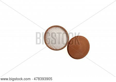 Sodium Salt Of Benzoic Acid In Wooden Bowl, Top View. White Granulated Powder. Sodium Benzoate Is A 
