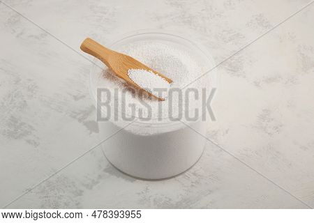 Sodium Benzoate, Sodium Salt Of Benzoic Acid In Plastic Container. Chemical Formula C6h5coona. Food 