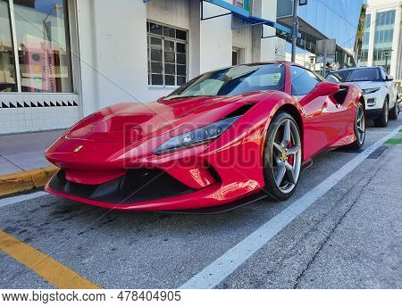 Los Angeles, California Usa - March 24, 2021: Red Ferrari F8 Tributo Luxury Sport Car Corner View.