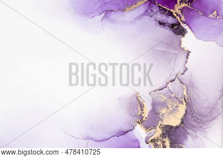Purple Gold Abstract Background Of Marble Liquid Ink Art Painting On Paper . Image Of Original Artwo