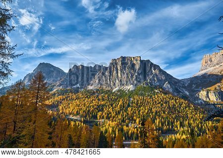 Autumn Scene In Dolomites Mountain. Tofana, Cinque Torri -dolomites.