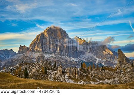 View Of Tofane Mountains Seen From Falzarego Pass In An Autumn Landscape In Dolomites, Italy.